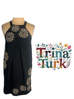 Trina Turk Black retro mod mini dress with gold starburst embellishments Size 4